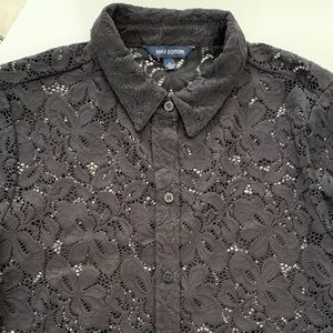 Max Edition Black Lace Collar Button-Up Shirt Blouse Size L